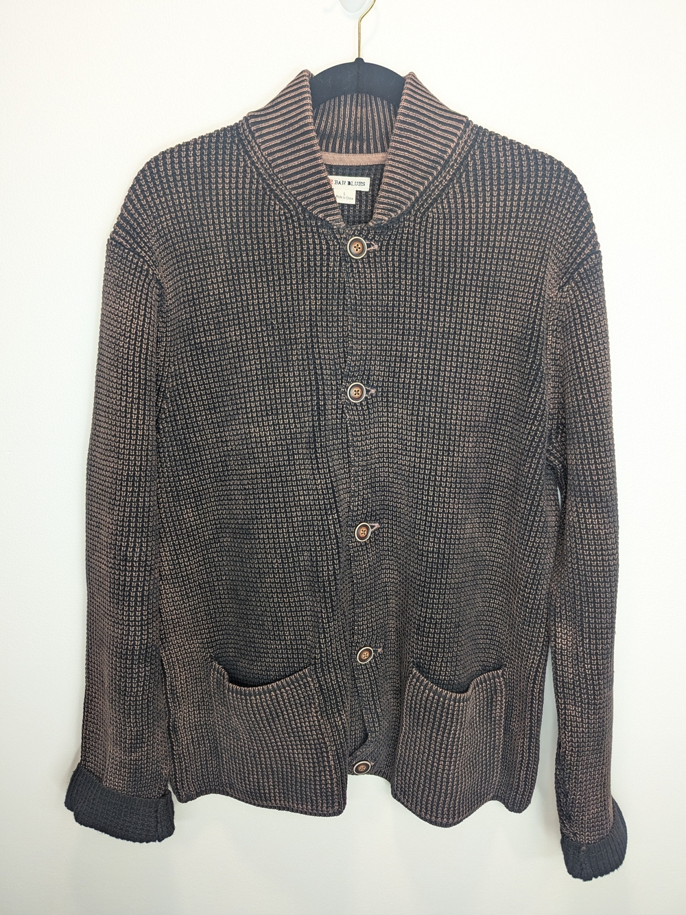 32 Bar Blues Men's Textured Shawl Collar Button Knit Cardigan Sweater Large